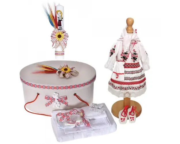 Set botez popular, costum rochita traditionala, trusou botez, cutie trusou si lumanare, decor rustic, Denikos® C9102