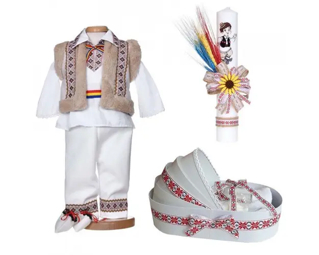 Set botez traditional baiat, trusou botez landou, lumanare si costum national, Denikos® C9267