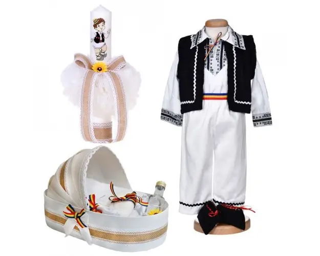 Set botez traditional baiat, trusou botez landou, lumanare si costum national, Denikos® 1041