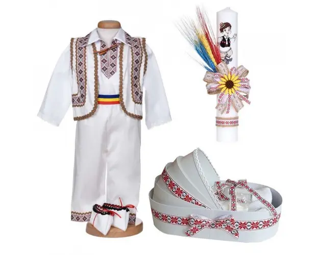 Set botez traditional baiat, trusou botez landou, lumanare si costum national, Denikos® C9290