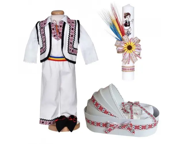 Set botez traditional baiat, trusou botez landou, lumanare si costum popular, Denikos® C9293