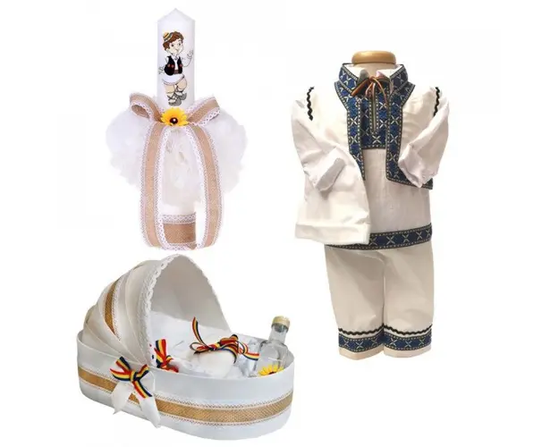 Set botez traditional baietel, trusou botez landou, lumanare si costum national baiat, Denikos® 962
