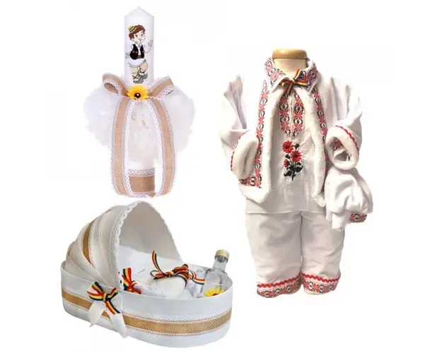 Set botez traditional baietel, trusou botez landou, lumanare si costum popular baiat, Denikos® 968