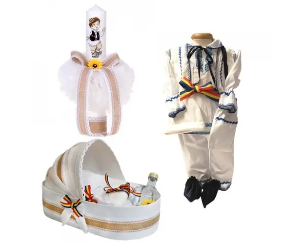 Set botez traditional baietel, trusou botez landou, lumanare si costum national baiat, Denikos® 969