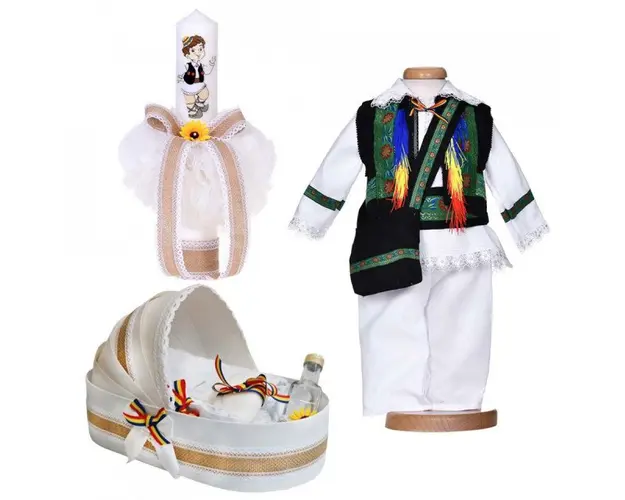 Set botez traditional baietel, trusou botez landou, lumanare si costum traditional, Denikos® 1044