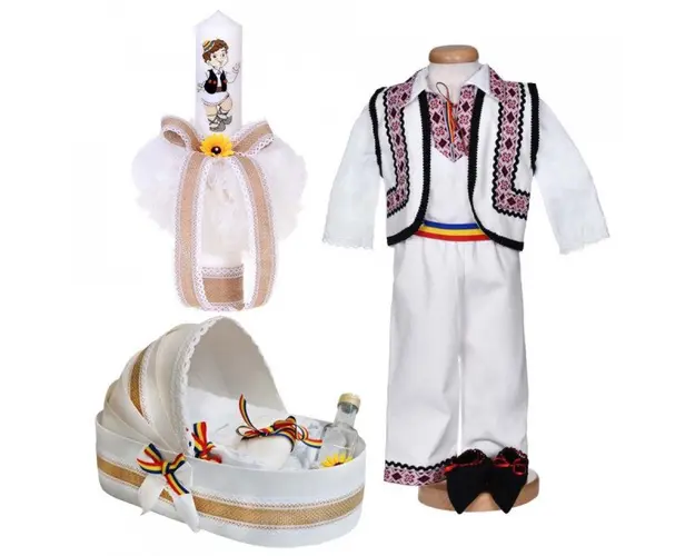 Set botez traditional baietel, trusou botez landou, lumanare si costum national, Denikos® 1040