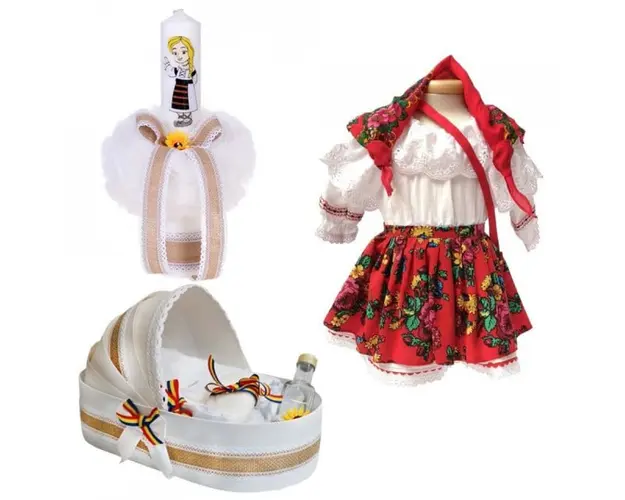 Set botez traditional fetita, trusou botez landou, lumanare si costum national fata, Denikos® 971