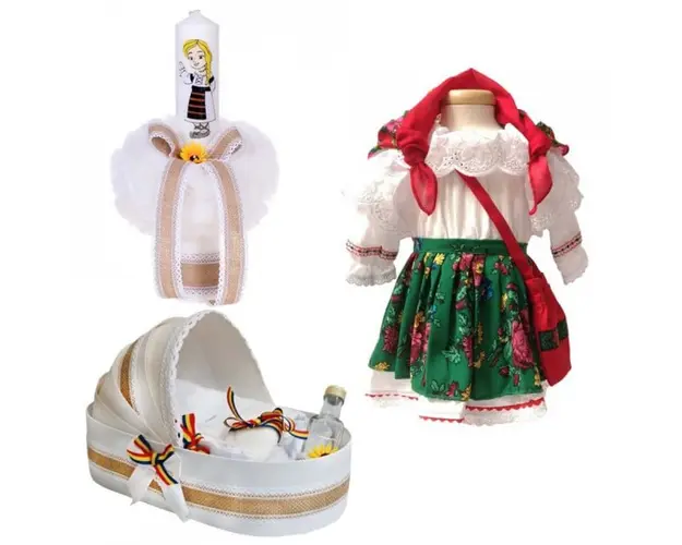 Set botez traditional fetita, trusou botez landou, lumanare si costum popular fata, Denikos® 972