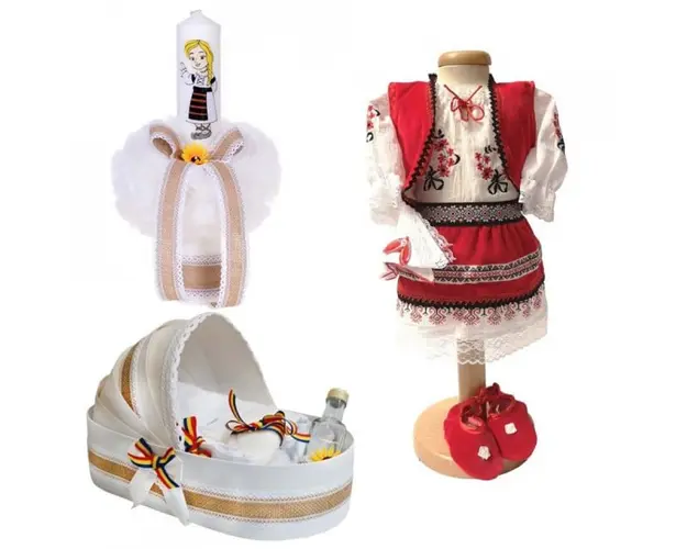 Set botez traditional fetita, trusou botez landou, lumanare si costum traditional, Denikos® 980