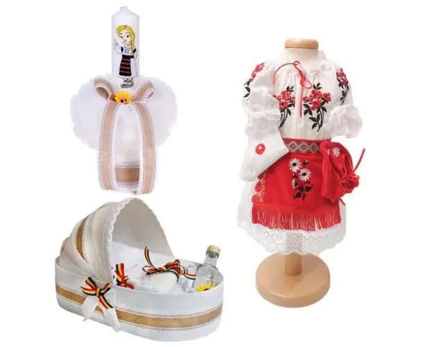 Set botez traditional fetita, trusou botez landou, lumanare si costum traditional, Denikos® 984