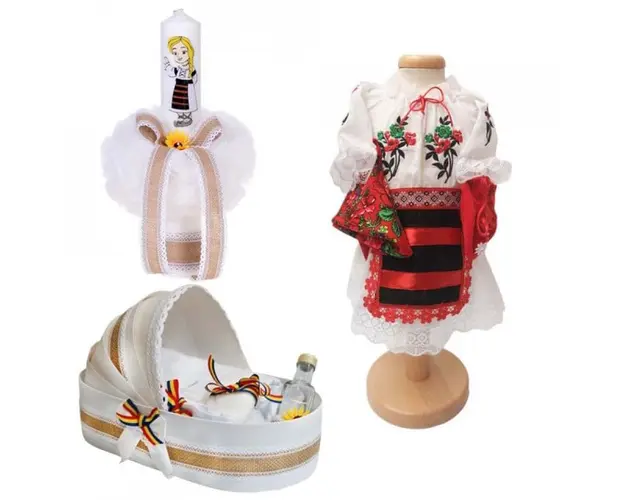 Set botez traditional fetita, trusou botez landou, lumanare si costum traditional, Denikos® 985