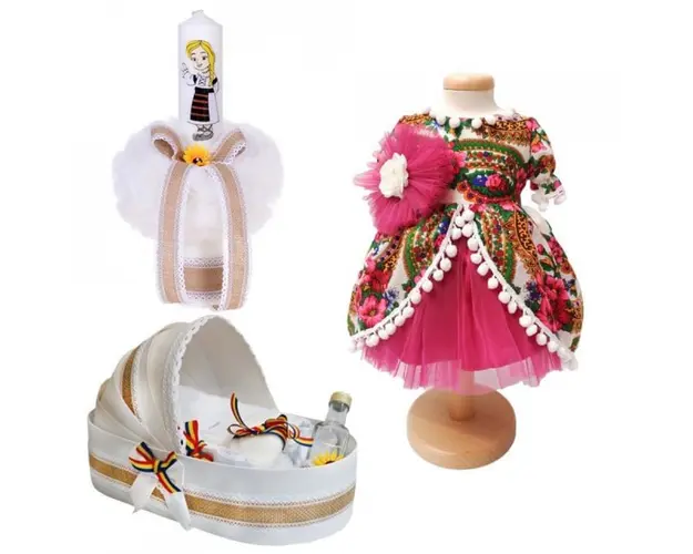 Set botez traditional fetita, trusou botez landou, lumanare si costum traditional, Denikos® 987