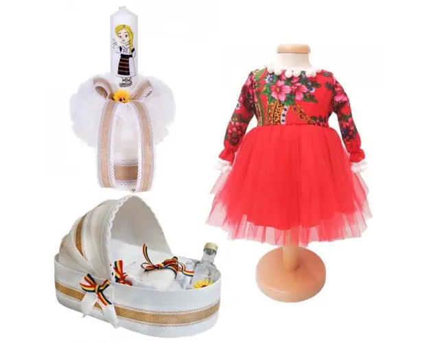 Set botez traditional fetita, trusou botez landou, lumanare si costum traditional, Denikos® 989