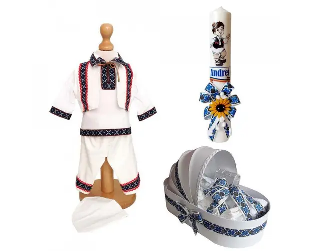 Set costum botez, trusou si lumanare personalizata, decor traditional, Denikos® C9001