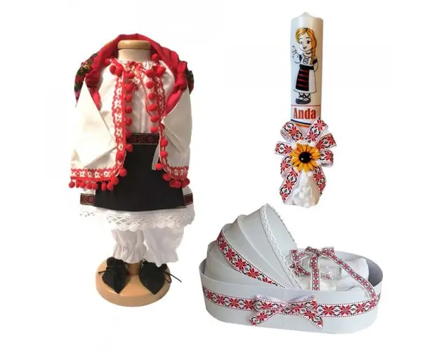 Set costum national rochita populara, trusou si lumanare personalizata, decor traditional, Denikos® C9022
