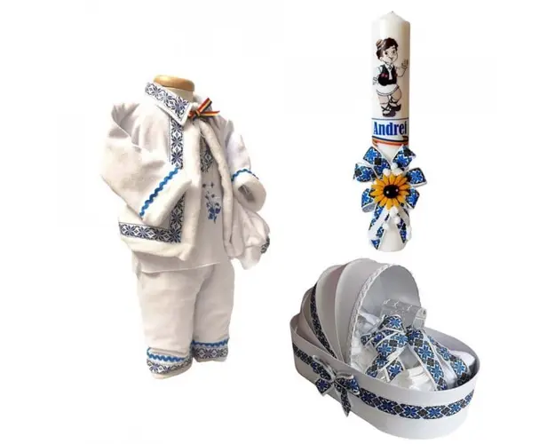 Set costum popular botez, trusou si lumanare personalizata, decor traditional, Denikos® C9004