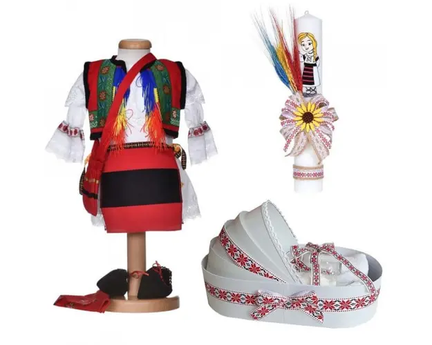 Set costum popular fata, trusou botez landou si lumanare, decor traditional, Denikos® C9276