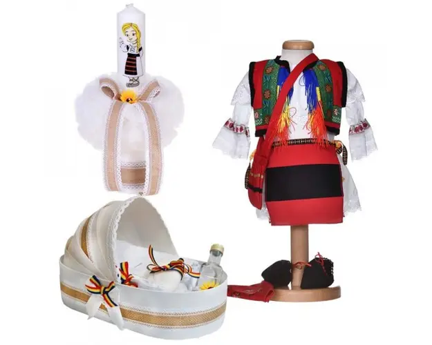 Set costum popular fetita, trusou botez landou si lumanare, decor traditional, Denikos® 1057