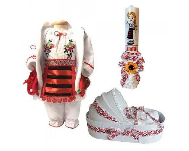 Set costum popular rochita traditionala, trusou si lumanare personalizata, decor national Denikos® C9020