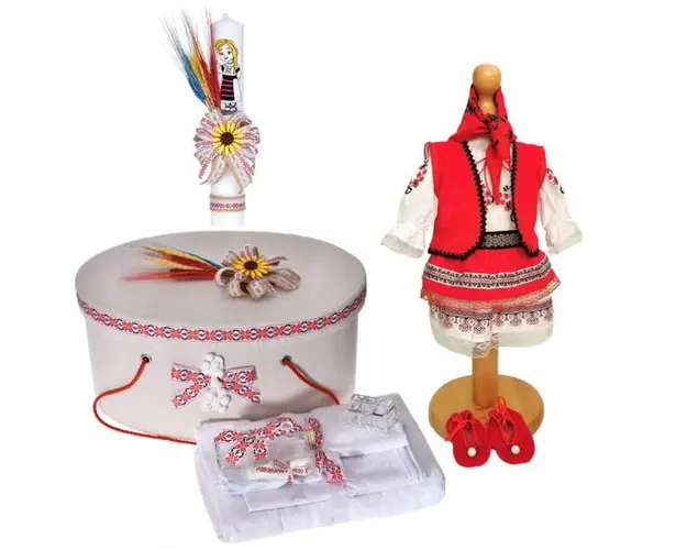 Set costum rochita nationala, trusou botez, cutie trusou si lumanare, decor traditional, Denikos® C9104