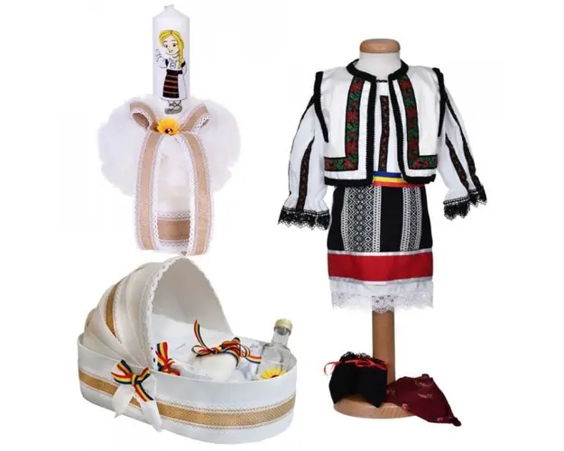 Set costum traditional fata, trusou botez landou si lumanare, decor popular, Denikos® 1054