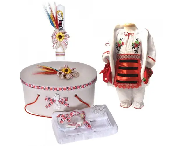 Set costumas rochita populara, trusou botez, cutie trusou si lumanare, decor traditional, Denikos® C9108