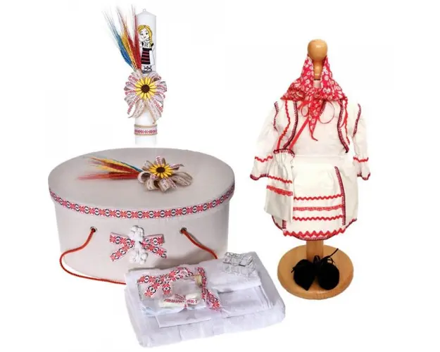 Set costumas rochita traditionala, trusou botez, cutie trusou si lumanare, decor rustic, Denikos® C9106