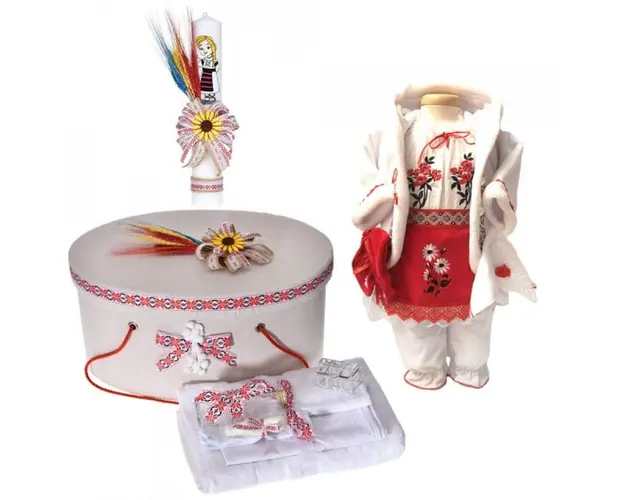 Set costumas rochita traditionala, trusou botez, cutie trusou si lumanare, decor rustic, Denikos® C9109
