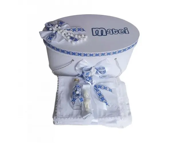 Set cutie trusou personalizata si trusou botez, decor traditional, albastru, Denikos® 230