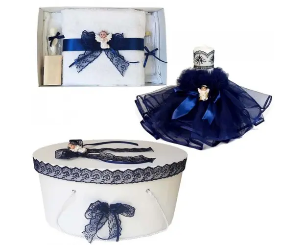 Set dantela trusou botez, cutie trusou si lumanare, Ingeras, decor bleumarin, Denikos® 475