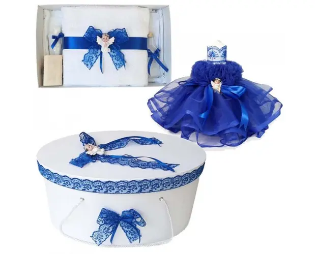 Set dantela trusou botez, cutie trusou si lumanare, Ingeras, decor albastru, Denikos® 476