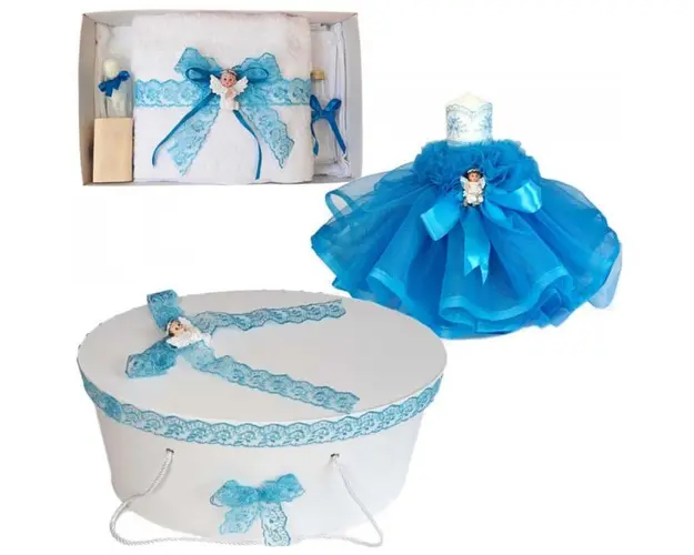 Set dantela trusou botez, cutie trusou si lumanare, Ingeras, decor turcoaz, Denikos® 478