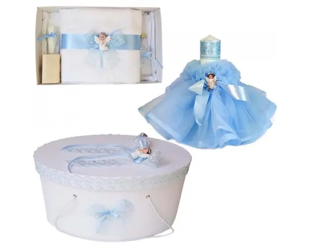 Set dantela trusou botez, cutie trusou si lumanare, Ingeras, decor bleu, Denikos® 477