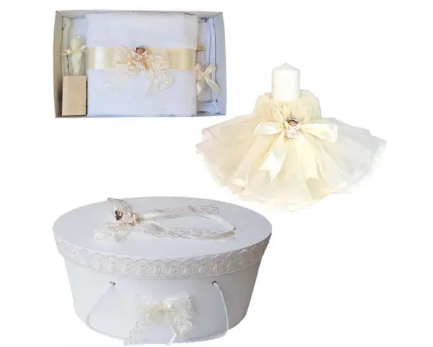 Set dantela trusou botez, cutie trusou si lumanare, Ingeras, decor ivoire, Denikos® 479
