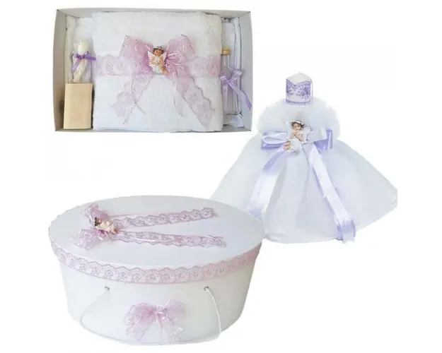 Set dantela trusou botez, cutie trusou si lumanare, Ingeras, decor Lila, Denikos® 569