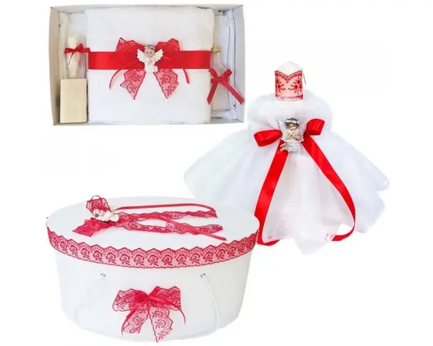 Set dantela trusou botez, cutie trusou si lumanare, Ingeras, decor Rosu, Denikos® 571
