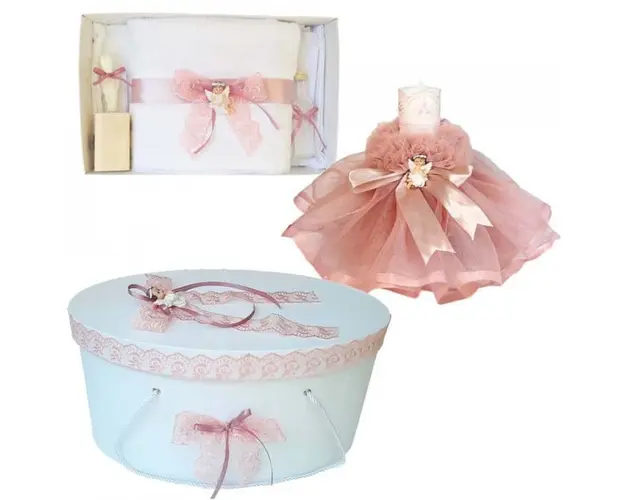 Set dantela trusou botez, cutie trusou si lumanare, Ingeras, decor roz prafuit, Denikos® 480