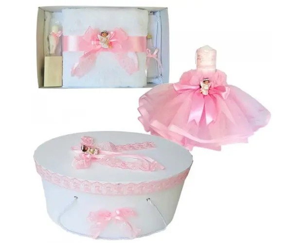 Set dantela trusou botez, cutie trusou si lumanare, Ingeras, decor roz, Denikos® 481