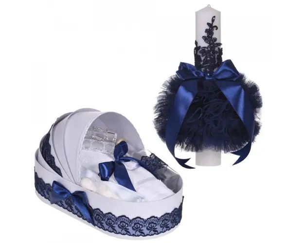 Set elegant lumanare botez si trusou botez in landou, decor dantela Bleumarin, Denikos® 882