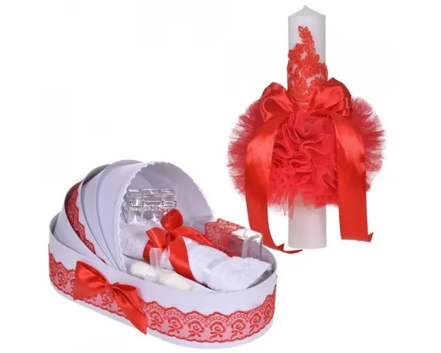 Set elegant lumanare botez si trusou botez in landou, decor dantela Rosie, Denikos® 883