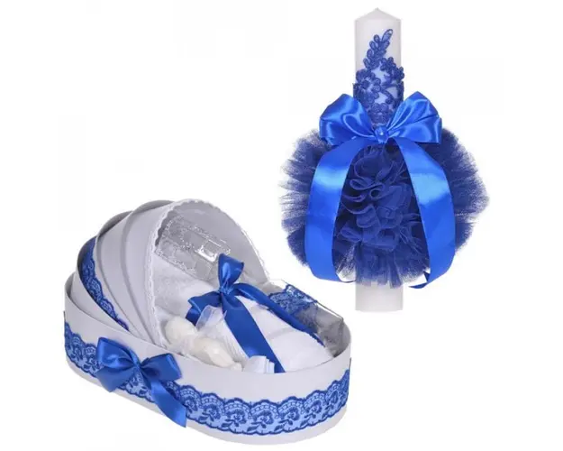 Set elegant lumanare botez si trusou botez in landou, decor dantela Albastra, Denikos® 885