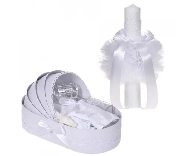 Set elegant lumanare botez si trusou botez in landou, decor dantela Alba, Denikos® 889