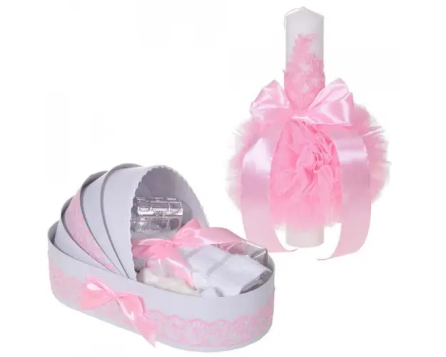 Set elegant lumanare botez si trusou botez in landou, decor dantela Roz, Denikos® 881