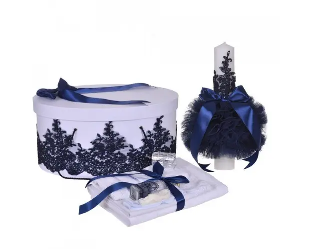 Set elegant trusou botez, cutie trusou si lumanare, decor dantela Bleumarin diafana, Denikos® 954