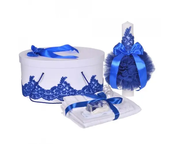 Set elegant trusou botez, cutie trusou si lumanare, decor dantela Albastra diafana, Denikos® 957