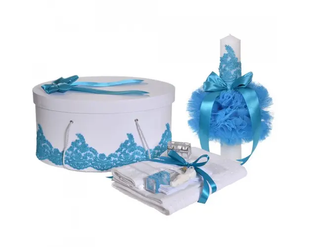 Set elegant trusou botez, cutie trusou si lumanare, decor dantela Turcoaz diafana, Denikos® 960