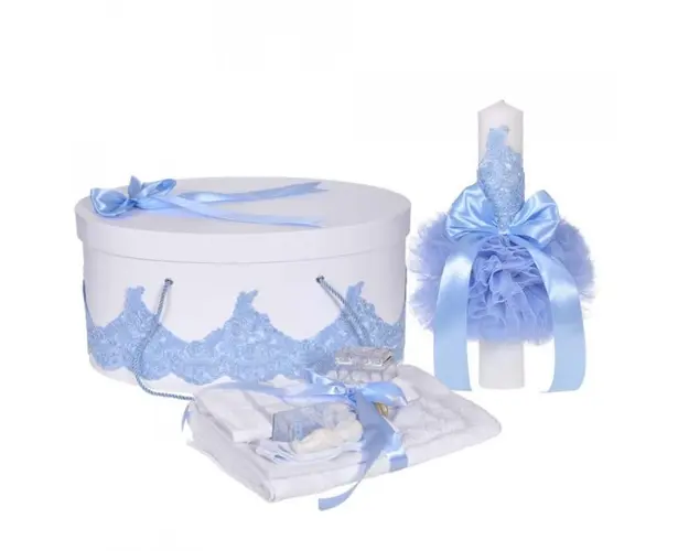 Set elegant trusou botez, cutie trusou si lumanare, decor dantela Bleu diafana, Denikos® 958