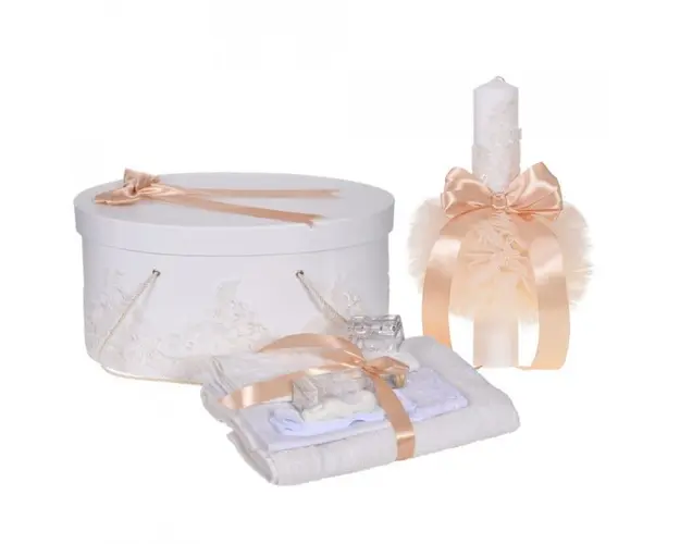 Set elegant trusou botez, cutie trusou si lumanare, decor dantela Crem diafana, Denikos® 959