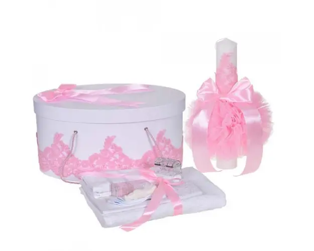 Set elegant trusou botez, cutie trusou si lumanare, decor dantela Roz diafana, Denikos® 953
