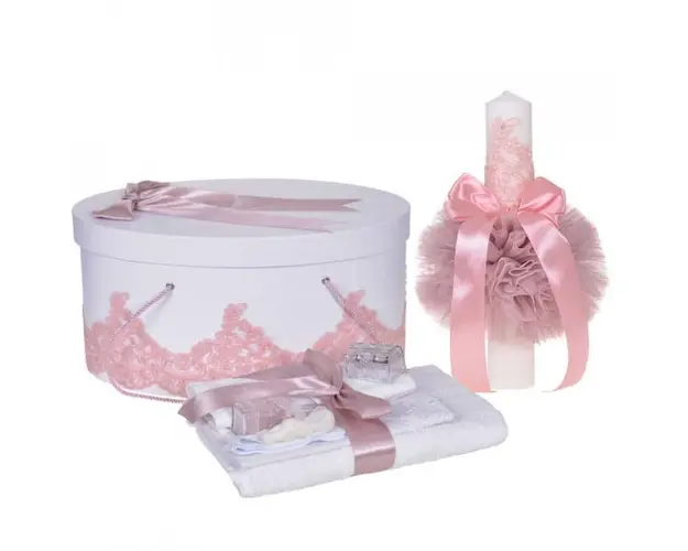 Set elegant trusou botez, cutie trusou si lumanare, decor dantela Roz pudra diafana, Denikos® 956